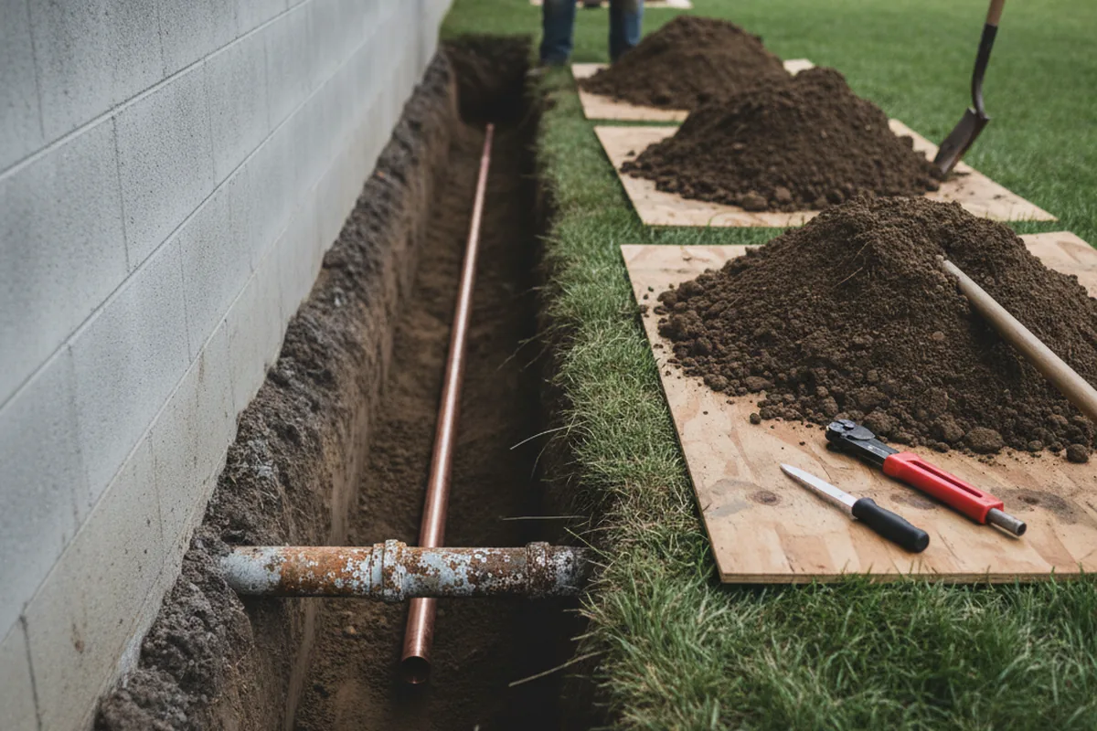 Excavated water line trench during Water Softener Installation in Icard
